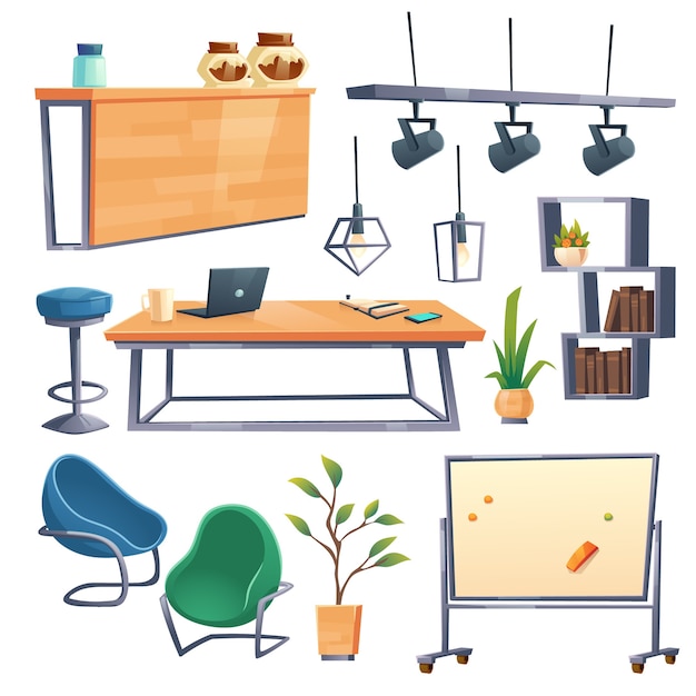 Coworking Office Interieur Set mit Laptop, Schreibtisch, Stühlen und Bartheke. Cartoon-Möbel für Freiraum-Arbeitsplatz, Hocker, Regale, Magnettafel, Lampen und Pflanzen isoliert auf Weiß