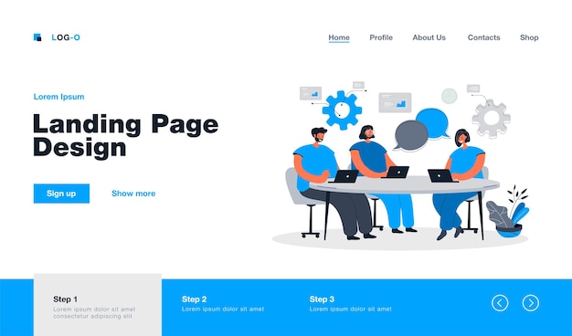 Kostenloser Vektor coworking-prozess im cartoon-team. landingpage im flachen stil