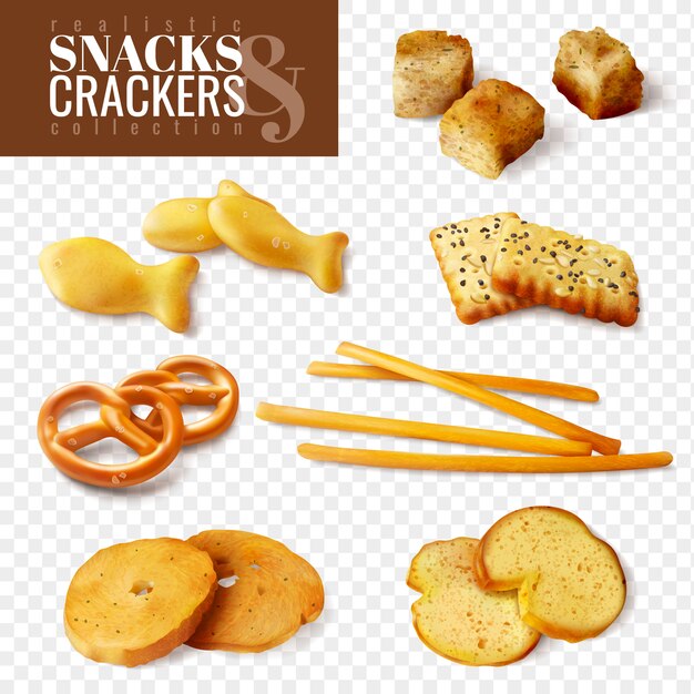 Cracker und Snacks von verschiedenen Formen auf transparenten Hintergrund lokalisierten Ikonen stellten realistische Illustration ein