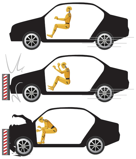 Kostenloser Vektor crashtest-dummy mit kaputtem auto