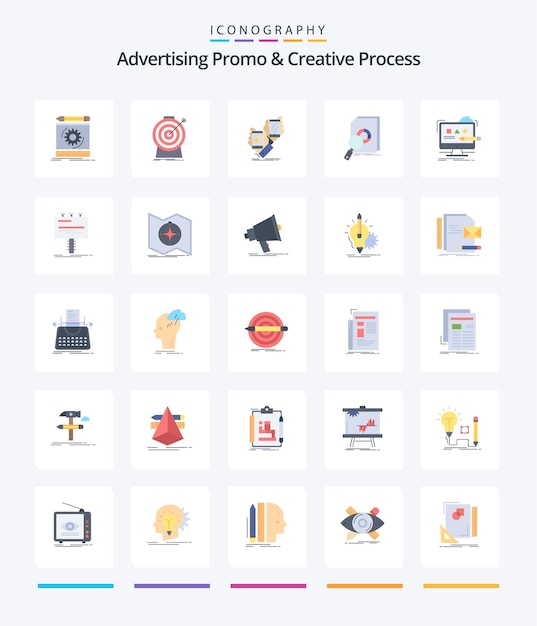 Kostenloser Vektor creative advertising promo und creative process 25 flat icon pack wie das zielproduktpaket für finanzanalysen