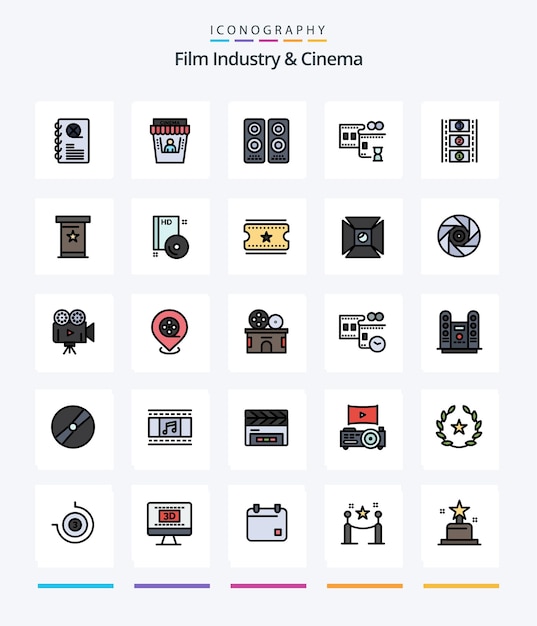 Creative cenima 25 line filled icon pack wie podium conference cinema movie reel filmrolle
