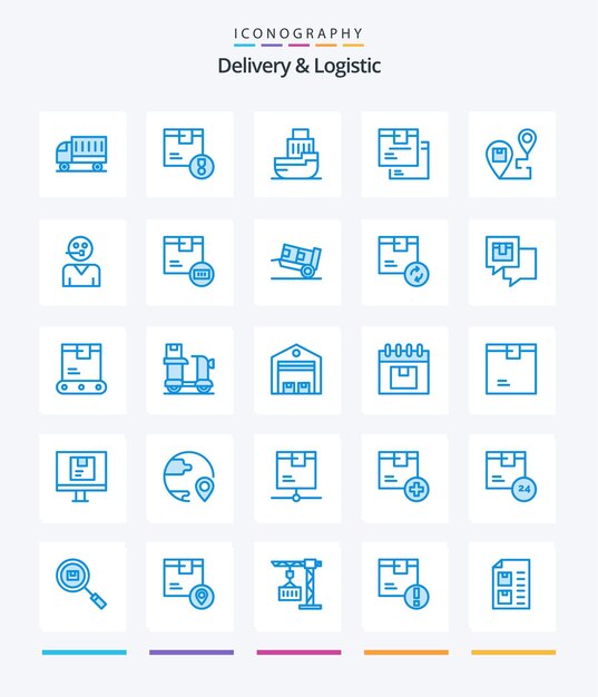 Creative Delivery And Logistic 25 Blue Icon Pack wie z. B. Logistiktransferschiff für Warenboxen