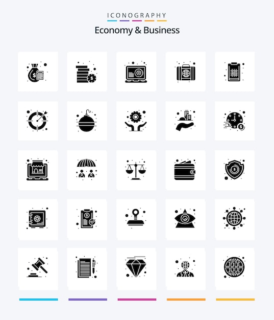 Creative economy and business 25 glyph solid black icon pack wie plan world development portfolio browser