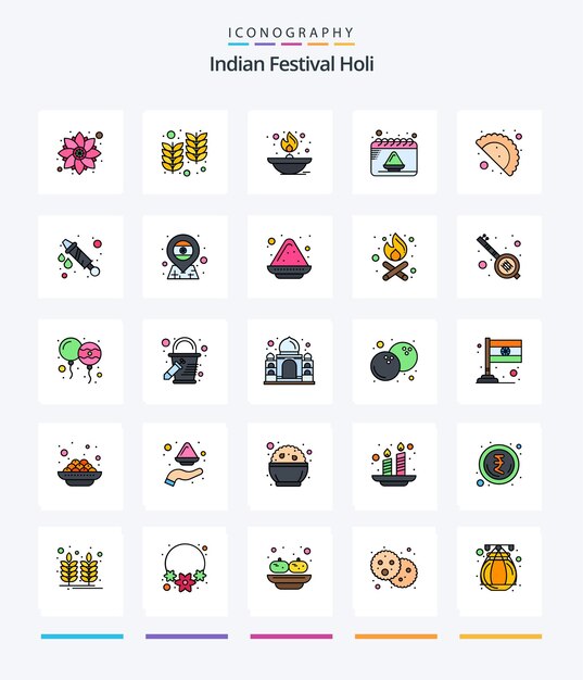 Creative holi 25 line filled icon pack wie z. b. lebensmittelpulver licht datum öllampe