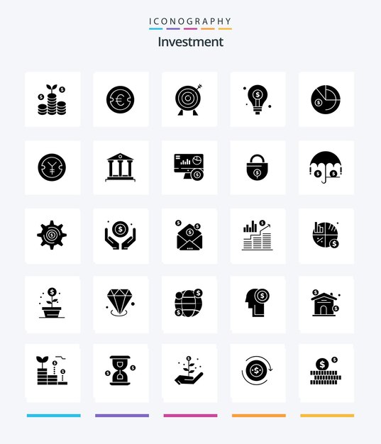 Creative Investment 25 Glyph Solid Black Icon Pack, z. B. Analyseinvestitionsziel-Ideenbirne