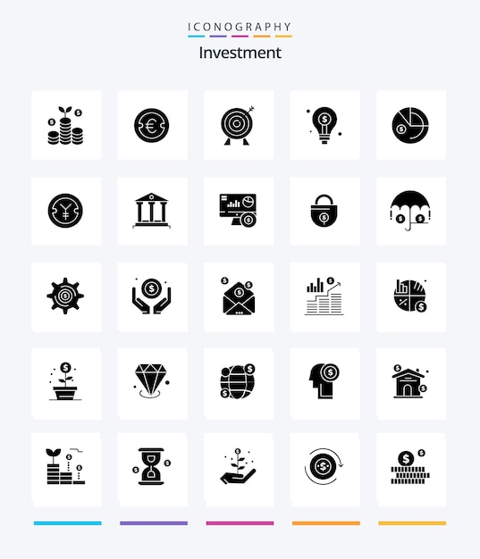 Creative Investment 25 Glyph Solid Black Icon Pack, z. B. Analyseinvestitionsziel-Ideenbirne