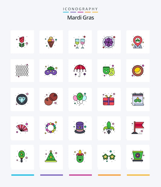 Creative mardi gras 25 line filled icon pack, wie z. b. pin-position, sonnenblumennatur trinken