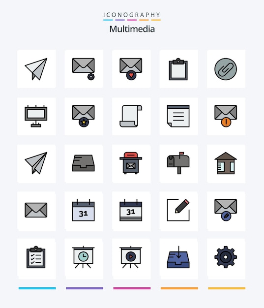 Creative multimedia 25 line filled icon pack, z. b. mailboard-puffer-werbeanhang