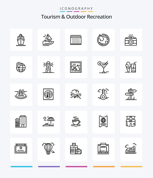 Creative Tourism And Outdoor Recreation 25 OutLine Icon Pack Wie z. B. eine Fotokamera mit Kartenbild und Globus