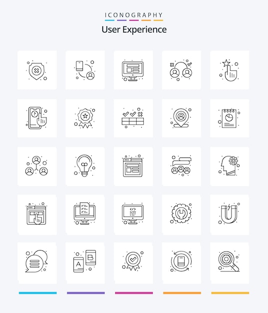 Creative user experience 25 outline-icon-pack wie z. b. die computerbenutzeroberfläche für soziale medien