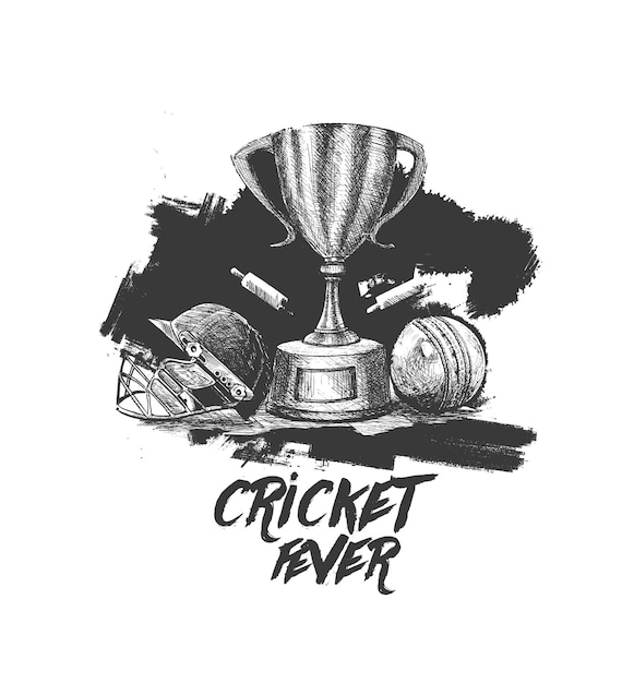 Cricket-Meisterschaft mit Ballwicket-Freihandskizze-Grafikdesign-Vektorillustration