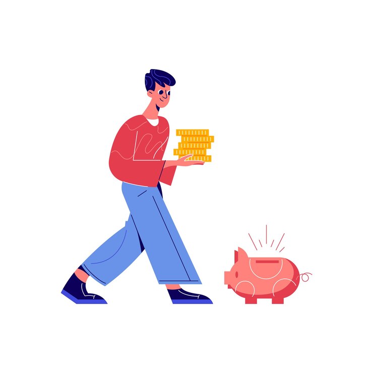Kostenlose Vektor crowdfunding-komposition mit männlicher figur, die einen stapel münzen mit sparschwein-illustration trägt