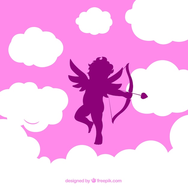 Cupid silhouette auf rosa bewölkten hintergrund