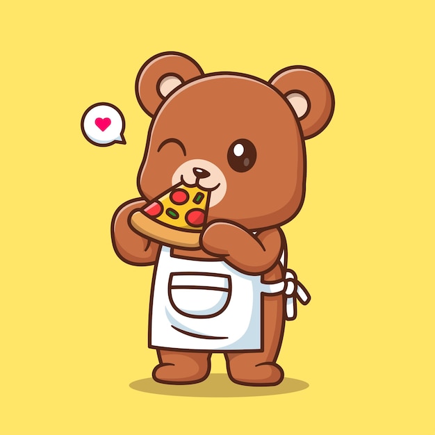 Kostenloser Vektor cute bear chef eating pizza cartoon vector icon illustration animal food icon konzept isolierte flachfläche