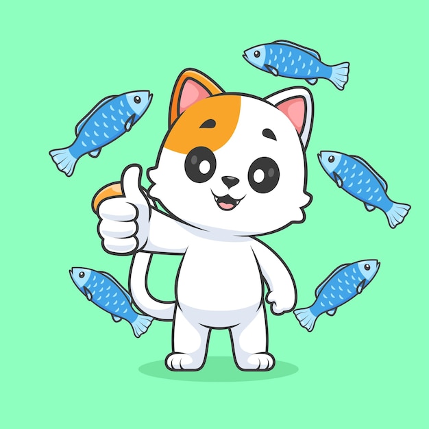 Cute cat thumbs up with fish cartoon vector icon illustration tiernahrung icon concept isolated flat
