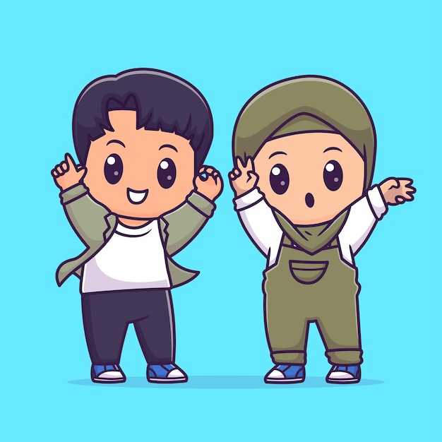 Cute couple junge und mädchen hijab mit liebe zeichen hand cartoon vektor icon illustration menschen urlaub