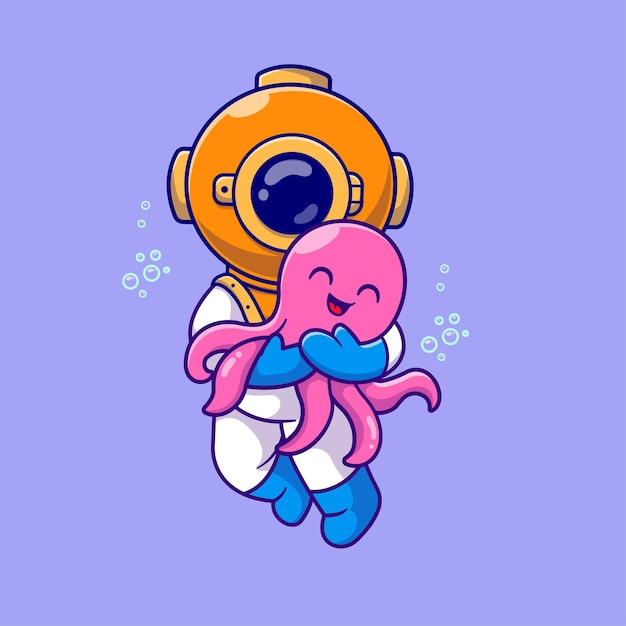 Kostenloser Vektor cute diver hug octopus cartoon vector icon illustration wissenschaft tier icon isolierte flache vektor