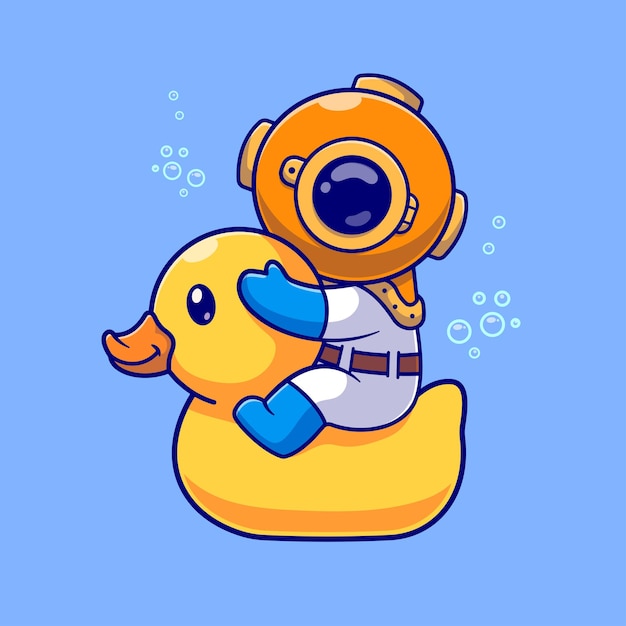 Kostenloser Vektor cute diver riding duck balloon cartoon vector icon illustration wissenschaft urlaub isolierte flache vektor