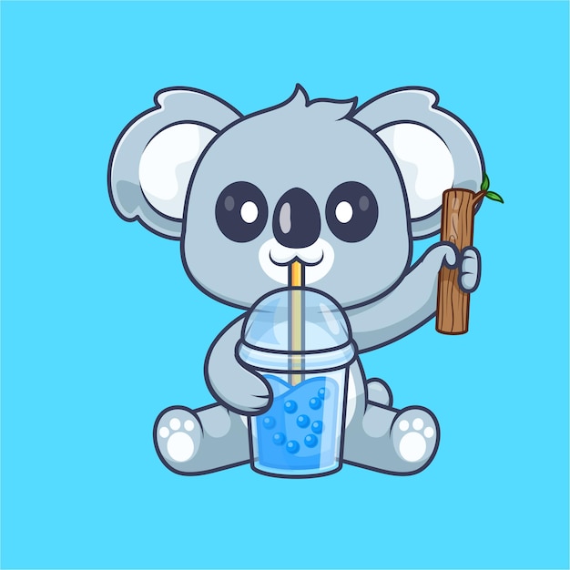 Kostenloser Vektor cute koala trinkt boba milch tee mit zweig holz baum cartoon vektor icon illustration tier flach