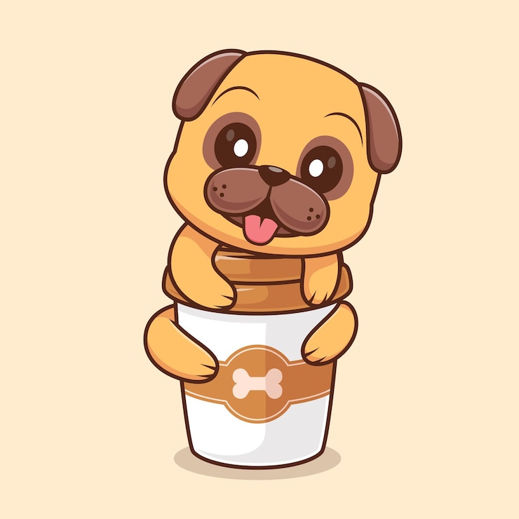 Kostenlose Vektor cute pug dog hug kaffeekuppe zeichentrickfilm vektor icon illustration tier getränk icon isolierte flache vektor