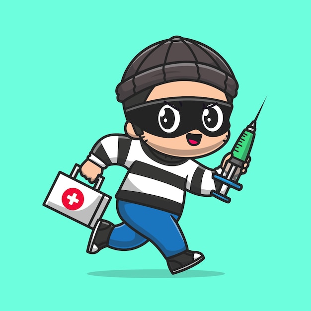 Kostenloser Vektor cute thief hält erste-hilfe-box und injektion cartoon vector icon illustration menschen gesundheitswesen