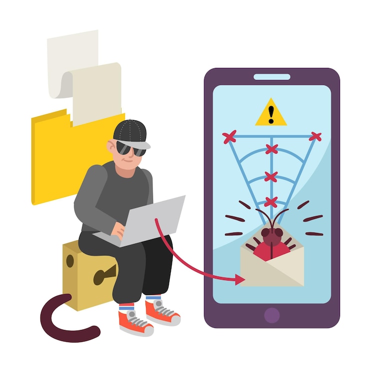 Kostenlose Vektor cyber-angriffskonzept mit hacker-illustration