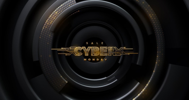 Cyber monday sale futuristisches goldenes etikett mit leiterplattenstruktur auf schwarzem radialem hintergrund