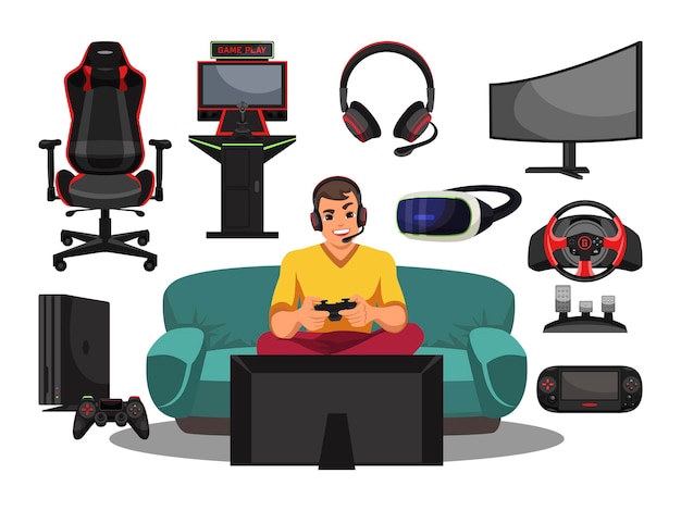 Kostenloser Vektor cyber sport pro gamer ausrüstung und zubehör set aufgeregter junger mann im headset mit mikrofon, der streaming-videospiel-match auf der konsole spielt, die vor dem fernsehbildschirm sitzt