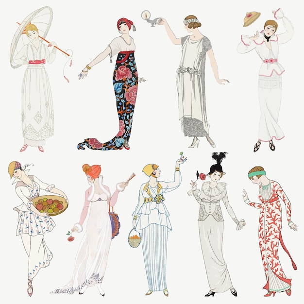 Kostenloser Vektor damenmode-set aus den 1920er jahren, remix aus kunstwerken von george barbier