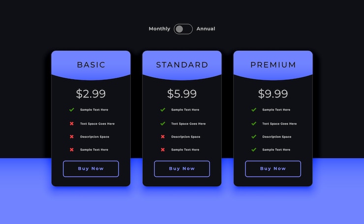 Kostenlose Vektor dark web-theme abonnementpreis-diagramm-layout-design