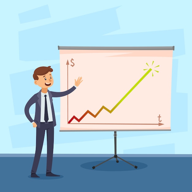 Kostenloser Vektor darstellung der karriere mit geschäftsmann nahe whiteboard mit farbigem diagramm auf strukturierter blauer hintergrundvektorillustration