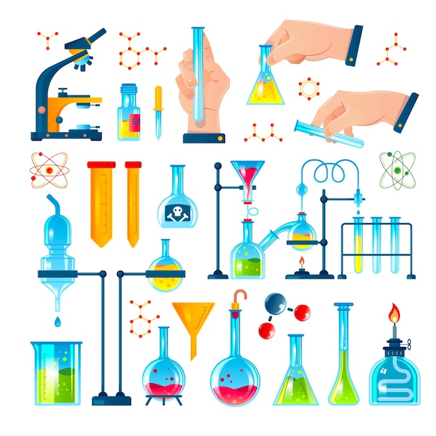 Das chemielabor-icon-set mit chemischen reagenzgläsern experimentiert mit molekülen und formeln