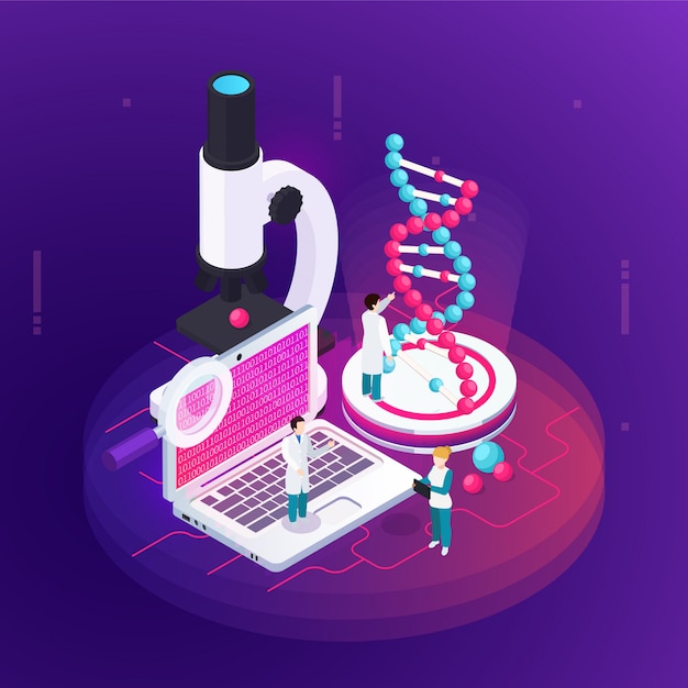 Kostenloser Vektor das isometrische designkonzept der nanotechnologie illustrierte das mikroskopie-notizbuch mit wissenschaftlichen informationen auf dem bildschirm und einem großen bild des dna-modells