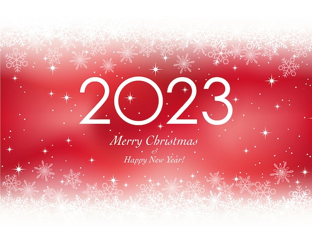 Das jahr 2023 weihnachten und neujahr grußkarte mit schneeflocken auf rotem hintergrund.