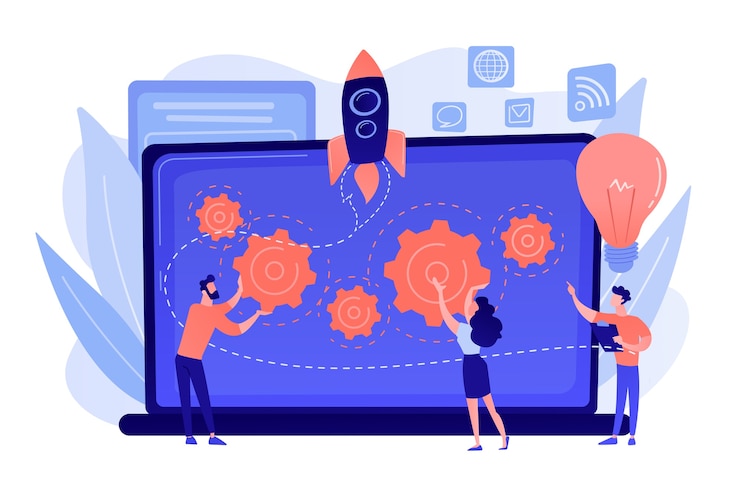 Kostenlose Vektor das startup-team erhält mentoring und schulungen, um das wachstum und den laptop zu beschleunigen. startup accelerator, seed accelerator, startup mentoring konzept