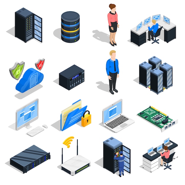 Kostenloser Vektor datacenter elements icon set