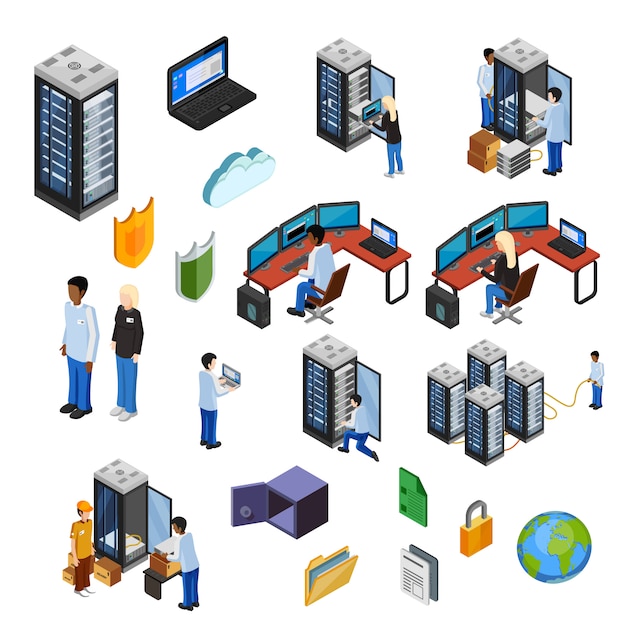 Kostenloser Vektor datacenter isometrische isolierte icons set