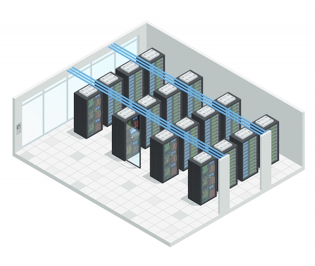 Kostenloser Vektor datacenter server cloud computing isometrische innenraumzusammensetzung