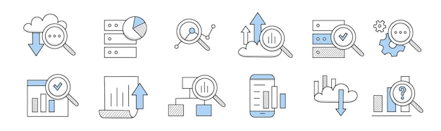 Datenanalyse-Doodle-Symbole, Strichzeichnungen-Vektorzeichen