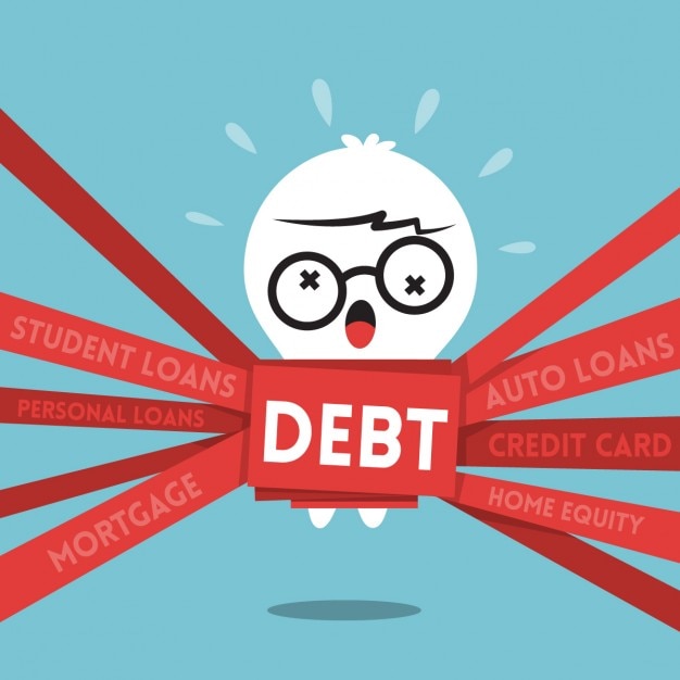 Kostenloser Vektor debt konzept cartoon-illustration mit einem mann eingewickelt in bürokratie nach oben