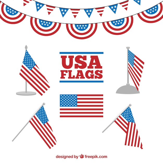 Kostenloser Vektor dekorative amerikanische flaggen im flachen design