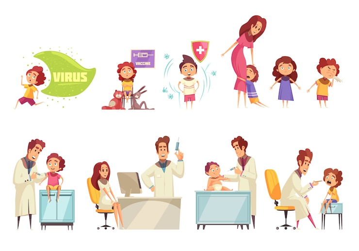 Kostenlose Vektor dekorative illustration der kinderimpfung mit ärzten und eltern, die ihre kinder zum erhalt der impfung flach bringen