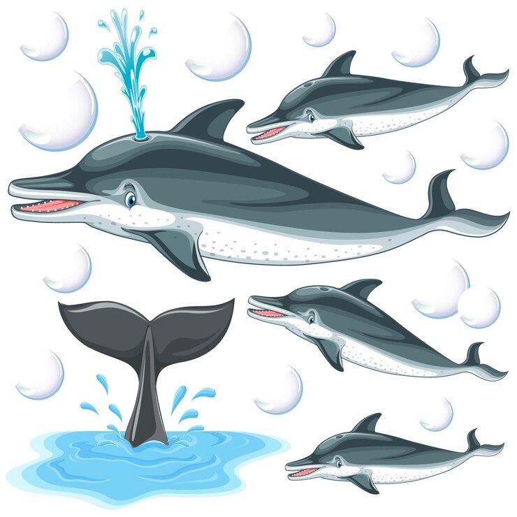 Kostenlose Vektor delphin mit blasen auf weißem hintergrund