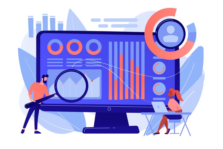 Kostenlose Vektor der datenanalyst überwacht und regelt die einnahmen und ausgaben mit einer lupe. finanzmanagementsystem, finanzsoftware, it-management-tool-konzept