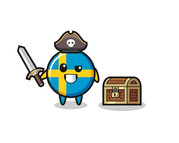 Der schwedische flaggenabzeichen-piratencharakter, der ein schwert neben einer schatzkiste hält, süßes design für t-shirt, aufkleber, logo-element