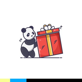 Der süße panda freut sich über eine große überraschungsbox