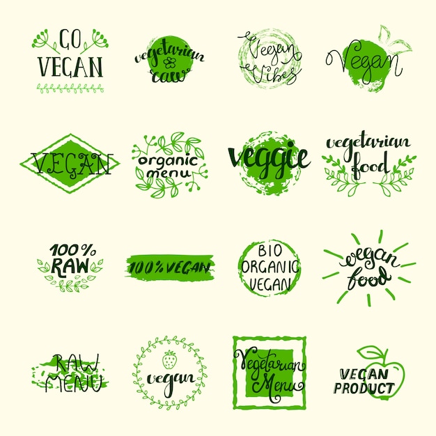 Der vegane elementsatz grün beschriftet logos und unterzeichnet im retrostil