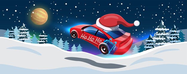 Kostenloser Vektor der weihnachtsmann fährt ein auto, um weihnachtsgeschenke an kinder auf der ganzen welt zu verteilen