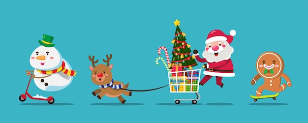 Der weihnachtsmann schiebt ein einkaufswagen-einkaufsgeschenk im laden zum versenden an menschen auf der ganzen welt. frohe weihnachten-ausschnitt-element weihnachtskarten, einladungen und website-feierdekoration.